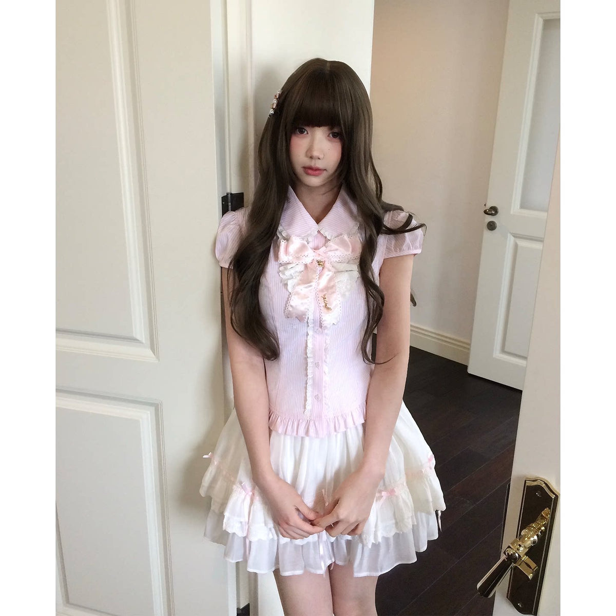 Sweet Bow Lace Doll Collar Puff Sleeve Dress LAL0225