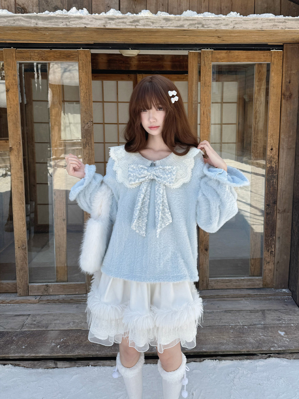 Fluffy Lace Collar Knit Sweater With Tiered Skirt LAL0154