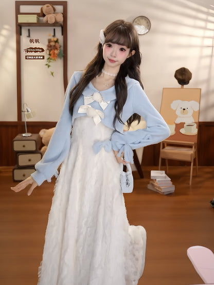 Ribbon Bow Knit Cardigan Lace Dress Set BEL0020