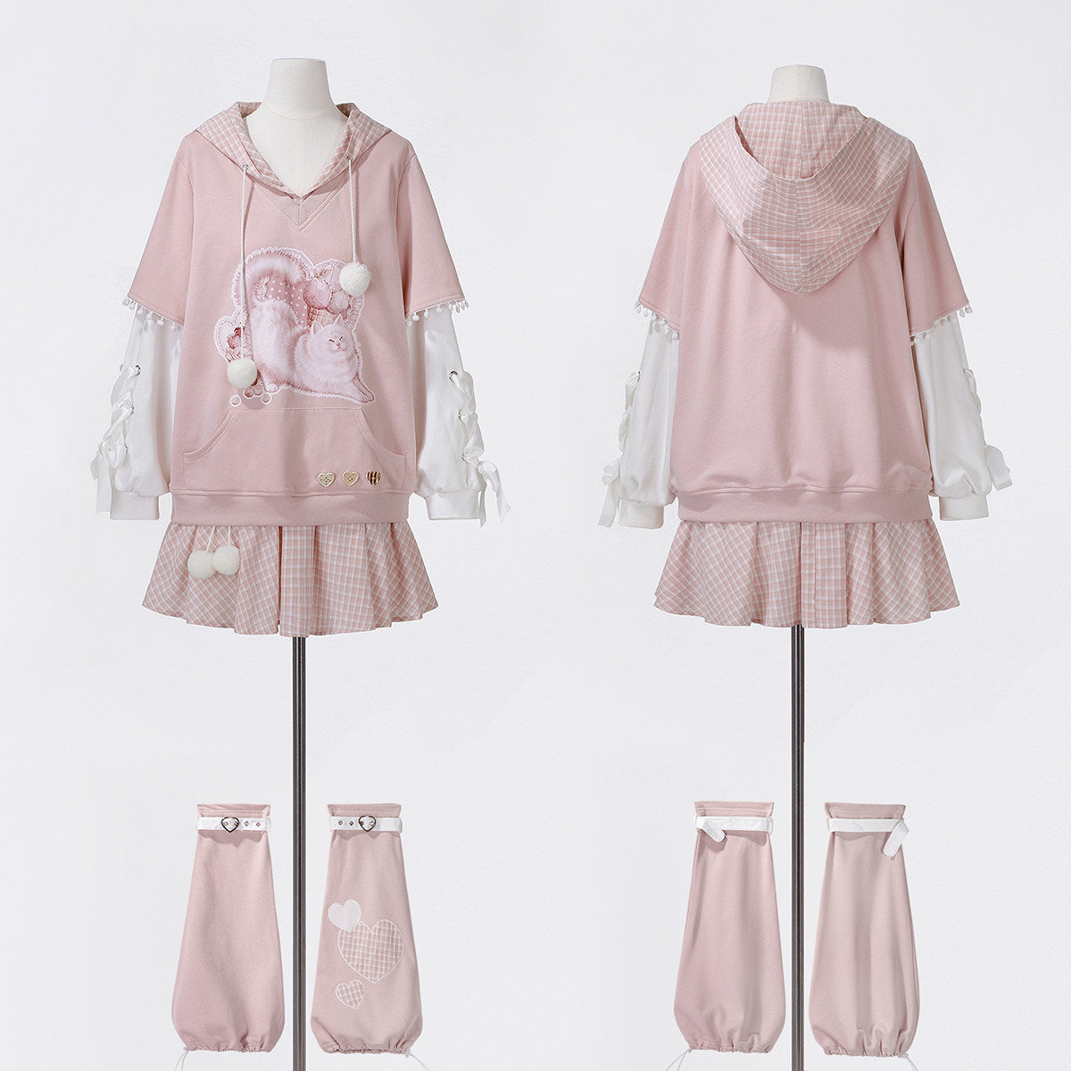 Heart Bow Cat Print Hoodie With Pleated Skirt YOU0315
