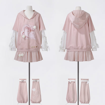 Heart Bow Cat Print Hoodie With Pleated Skirt YOU0315