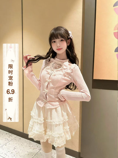 Heart Cutout Lace Trim Tiered Skirt Set BEL0022