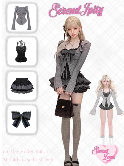 Black Lace Camisole Cardigan And Pleated Skirt Set SER0137