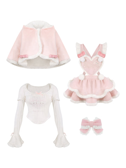 Pink Bunny Ear Hooded Cape And Pinafore Dress Set SER0138