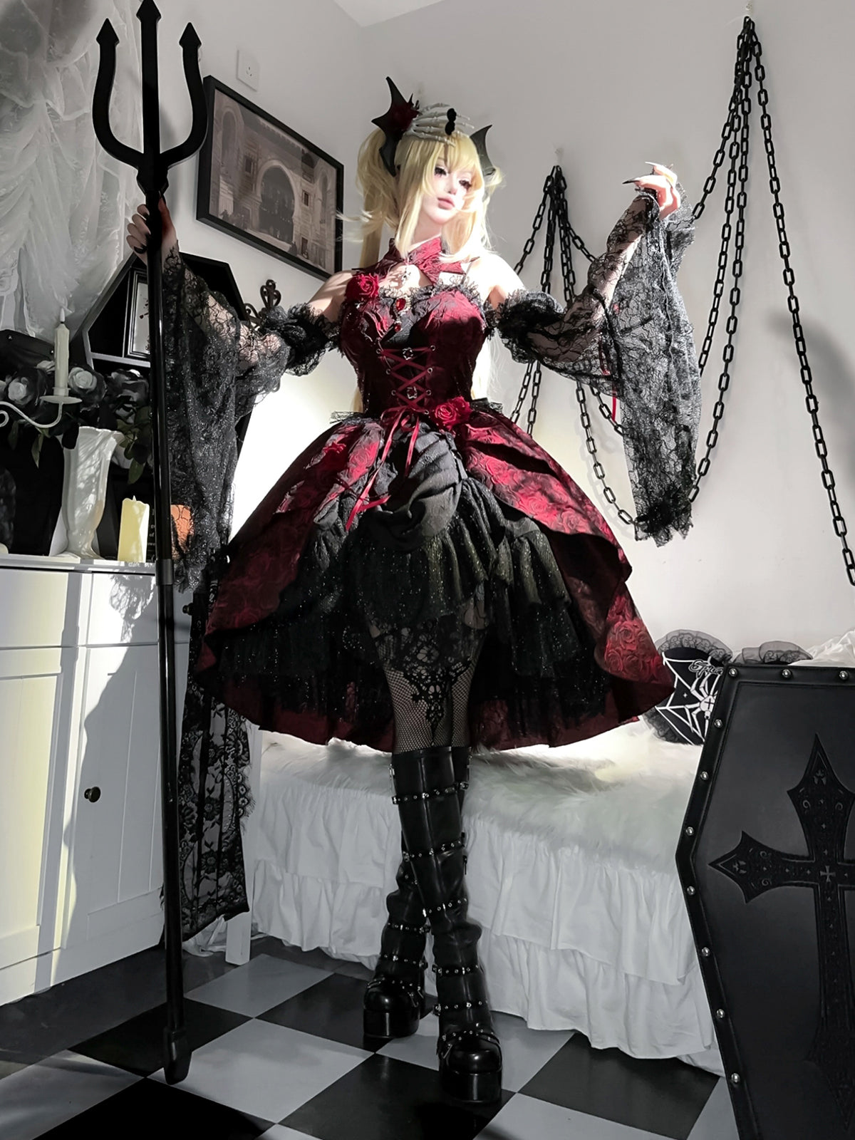 【予約商品】Rose Lolita Dark Style High Waist Dress YOU0179