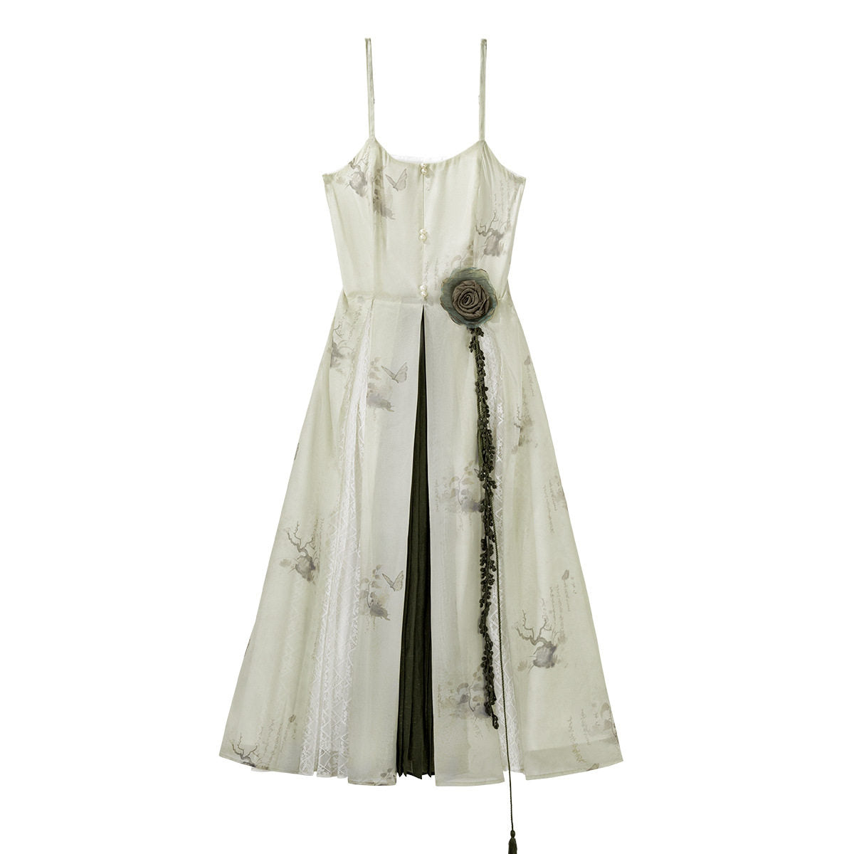 Ivory Floral Chiffon Asymmetric Hem Dress With Lace Vest YOU0308