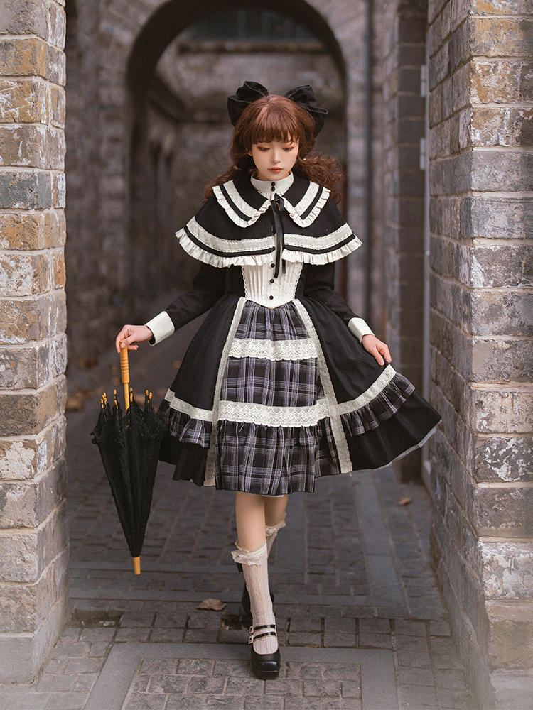 Elegant Check Print Knit Cape Lolita Dress WIT0165