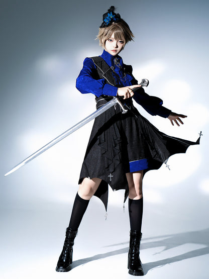 Gothic Knight Blue Shirt Vest And Shorts Set YOU0259