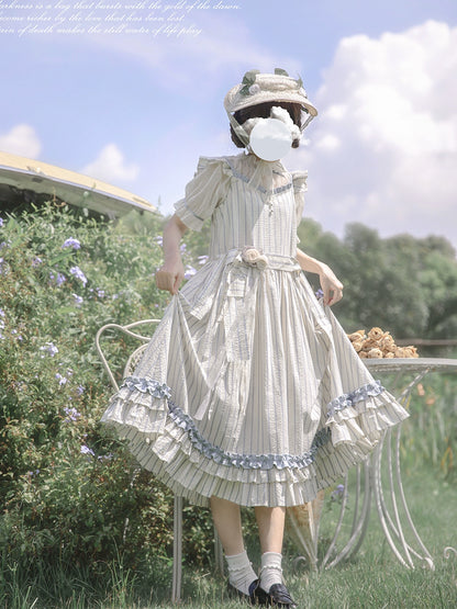 Sweet Puff Sleeve Shirt & Stripe Suspender Skirt HUT0068