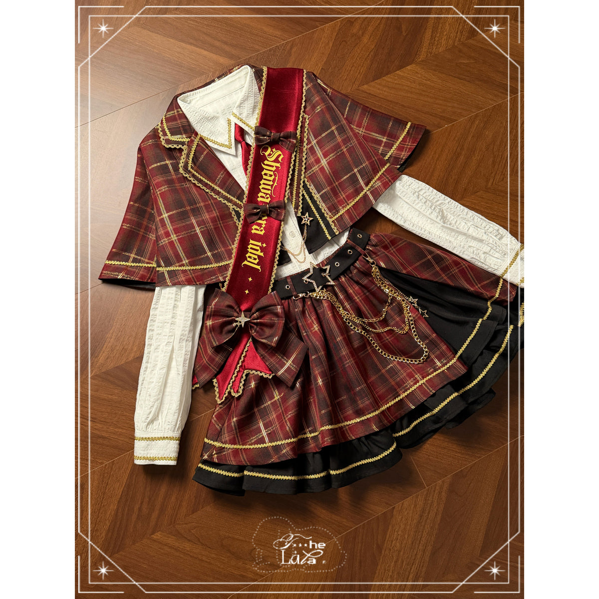 Plaid Cape Necktie Blouse With Tiered Skirt LAL0168