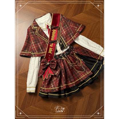 Plaid Cape Necktie Blouse With Tiered Skirt LAL0168