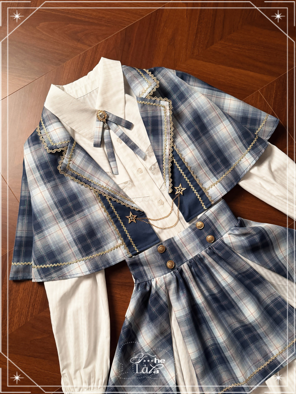 Plaid Cape Bow Blouse With Tiered Skirt LAL0167