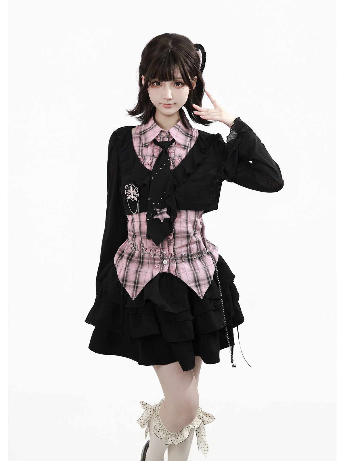 Plaid Vest Shirt And Ruffle Tier Skirt PIN0044