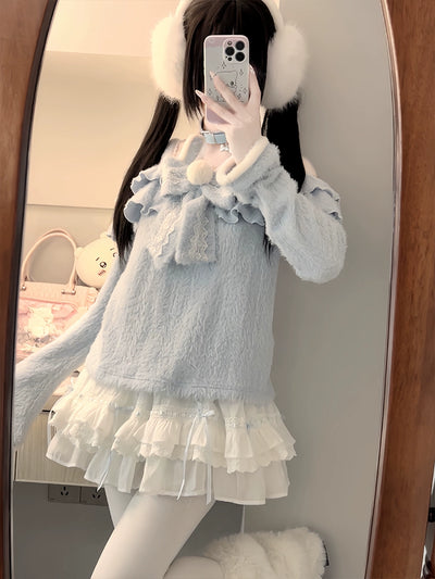 Blue One-Shoulder Sweater and Skirt Two-Piece LAL0111