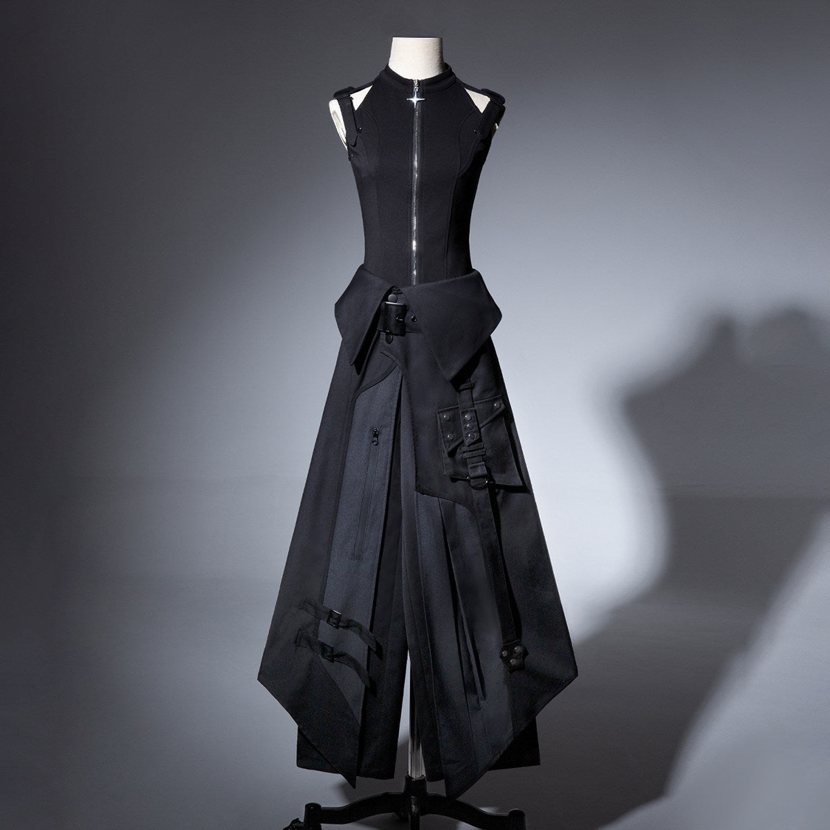 Black Gothic Asymmetric Apron Pants Set YOU0291