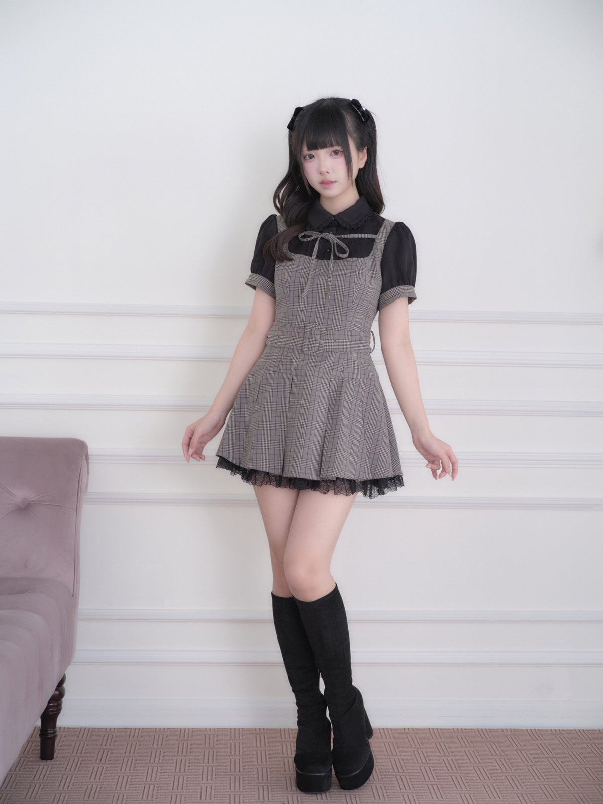 Collared Plaid Pleated Pinafore Dress NOG0030