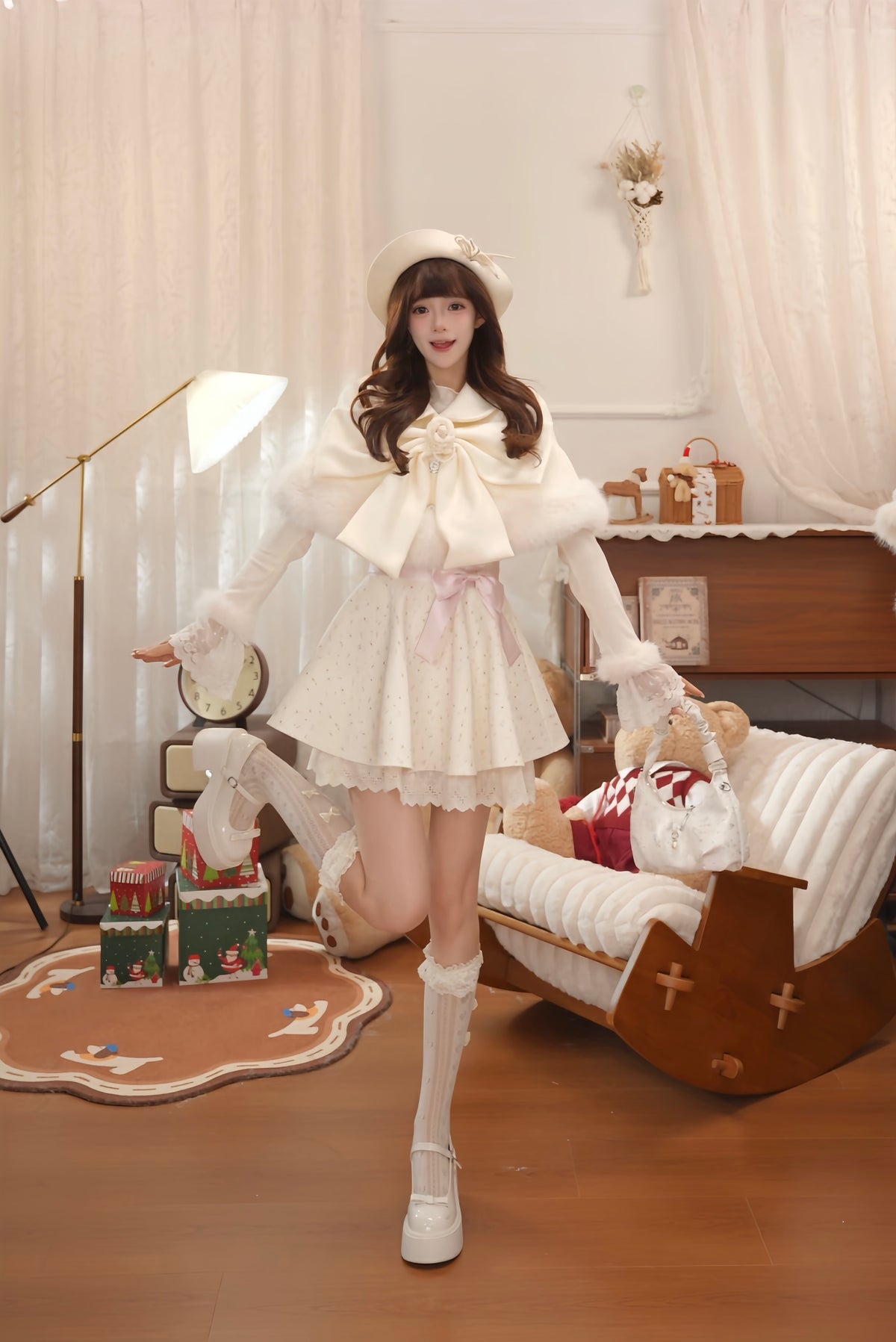 Sweet Bow Fur-Trim Cape Dress Set BEL0024