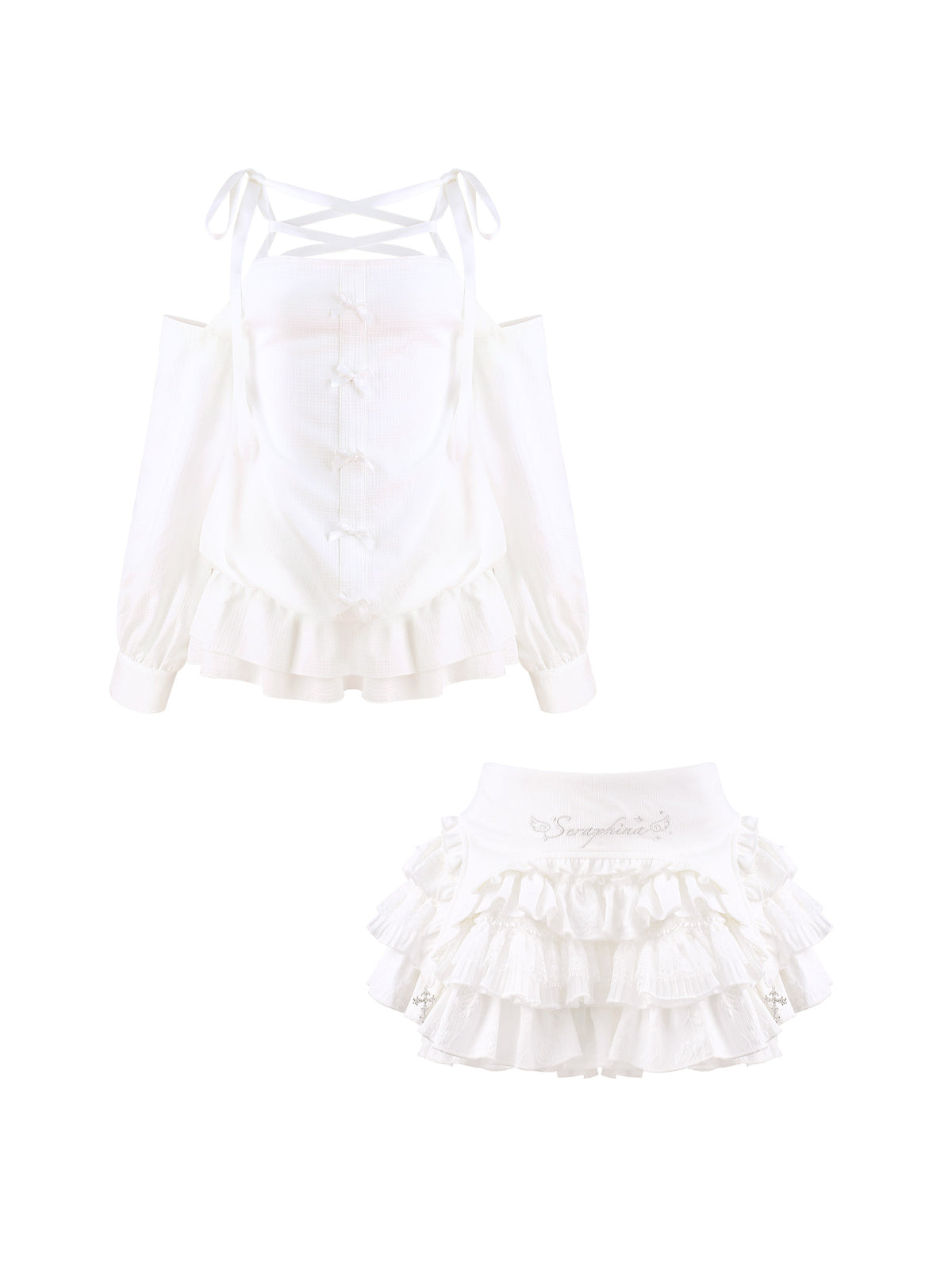 Off Shoulder Lace Up Top And Ruffle Cake Skirt Set SER0156