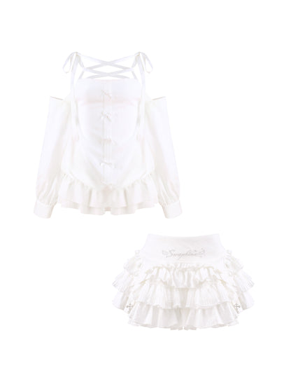 Off Shoulder Lace Up Top And Ruffle Cake Skirt Set SER0156