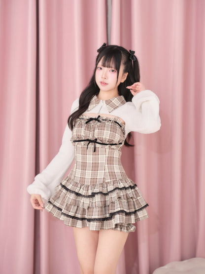 Fluffy Cape Plaid Tiered Dress Set NOG0034