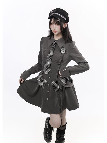 Plaid Tie Long Sleeve Shirt Dress PIN0061