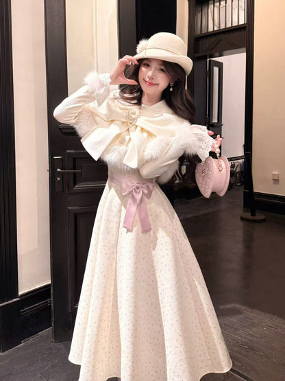 Sweet Bow Fur-Trim Cape Dress Set BEL0024