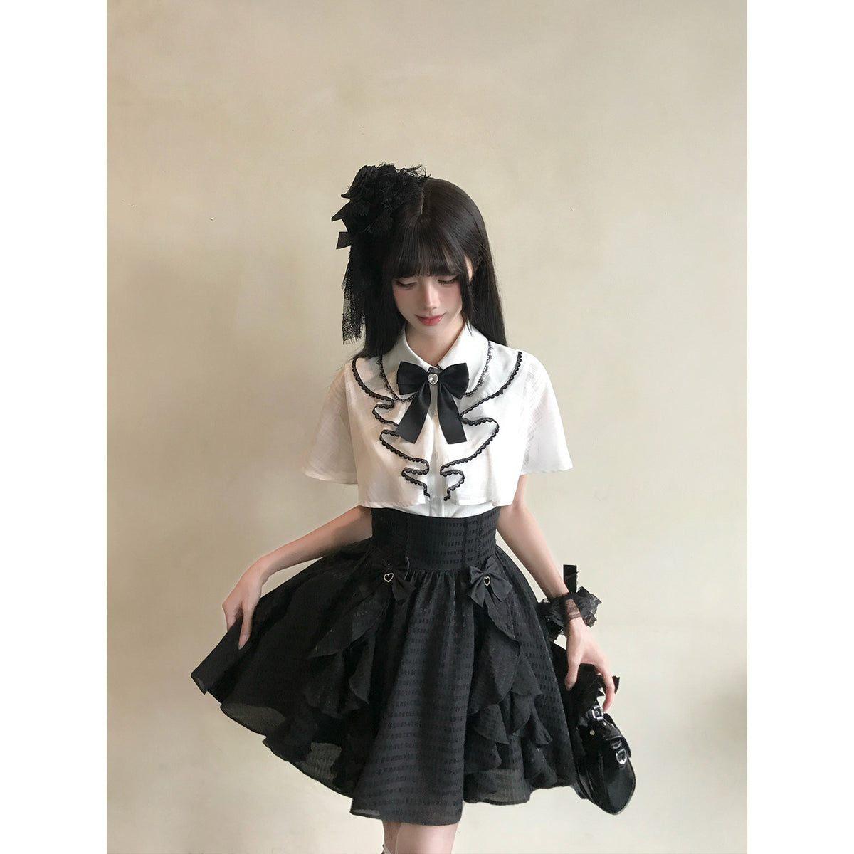 Ribbon Bow Lace Trim Blouse LAL0219