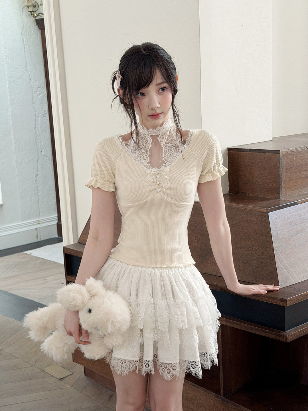Lace Collar Cutout Ribbed Knit Top LAL0171