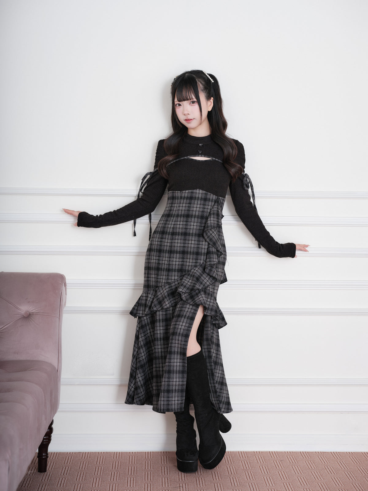 Knit Check Patchwork Long Dress NOG0023