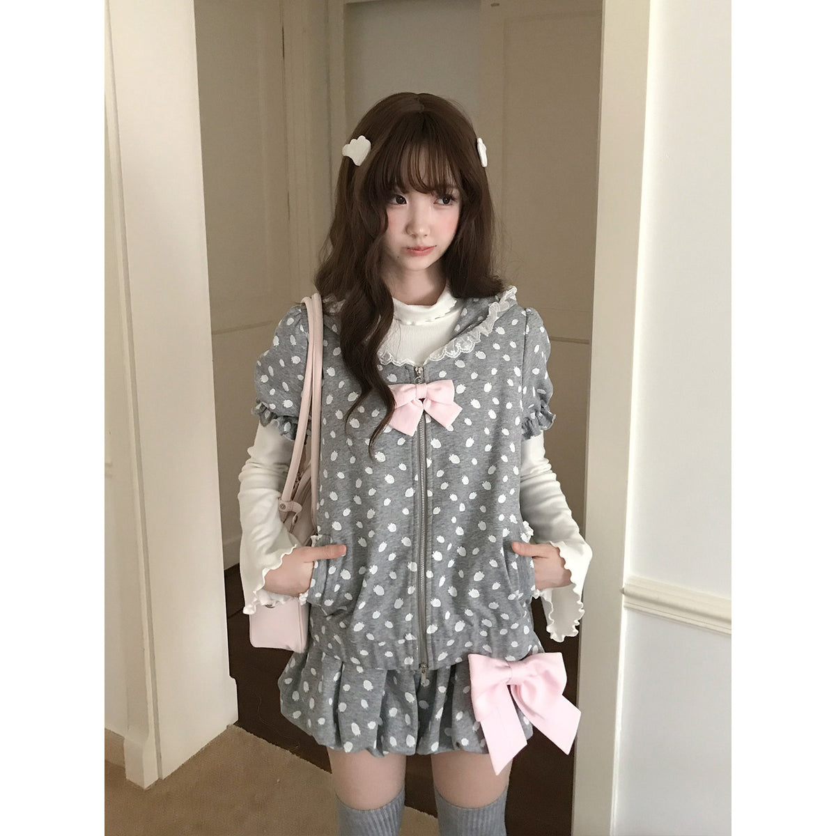 Polka Dot Hooded Zip Cardigan Shorts Set LAL0240