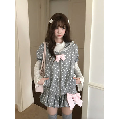 Polka Dot Hooded Zip Cardigan Shorts Set LAL0240