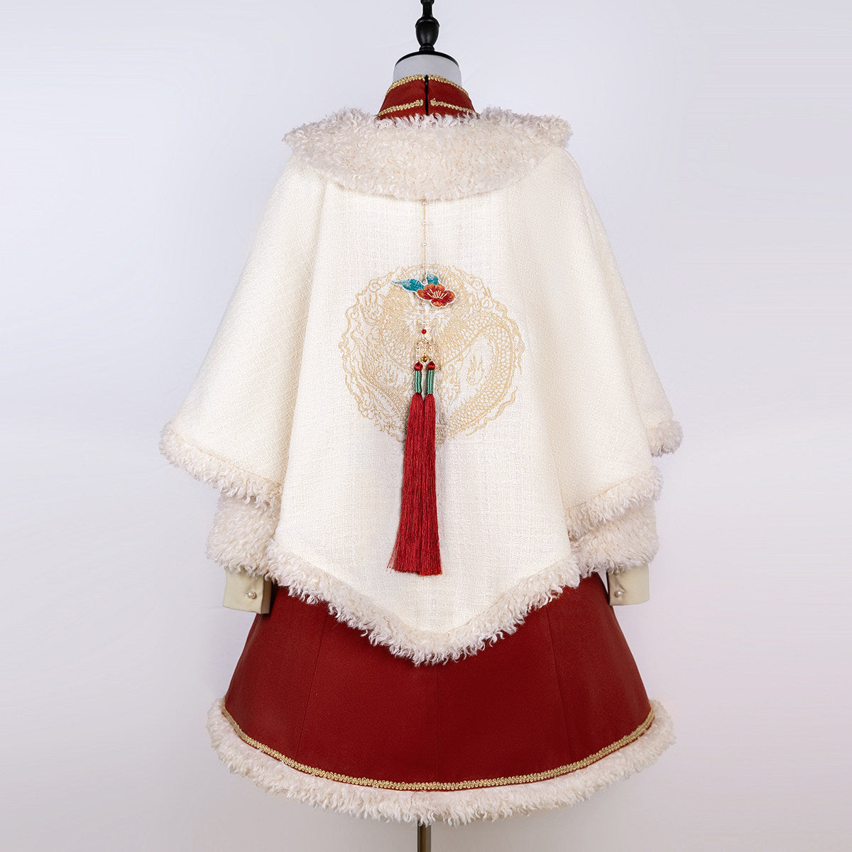 Chinese Style Embroidered Fur Trim Cape Dress Set YOU0238