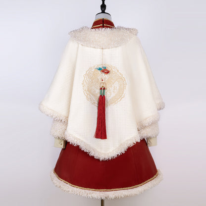 Chinese Style Embroidered Fur Trim Cape Dress Set YOU0238