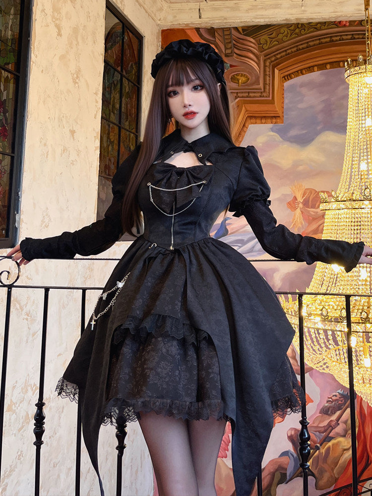 Dark Gothic High-Waist Long-Sleeve Lolita Dress YOU0235