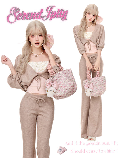 Crop Cardigan Lace Camisole Wide Pants Set SER0161