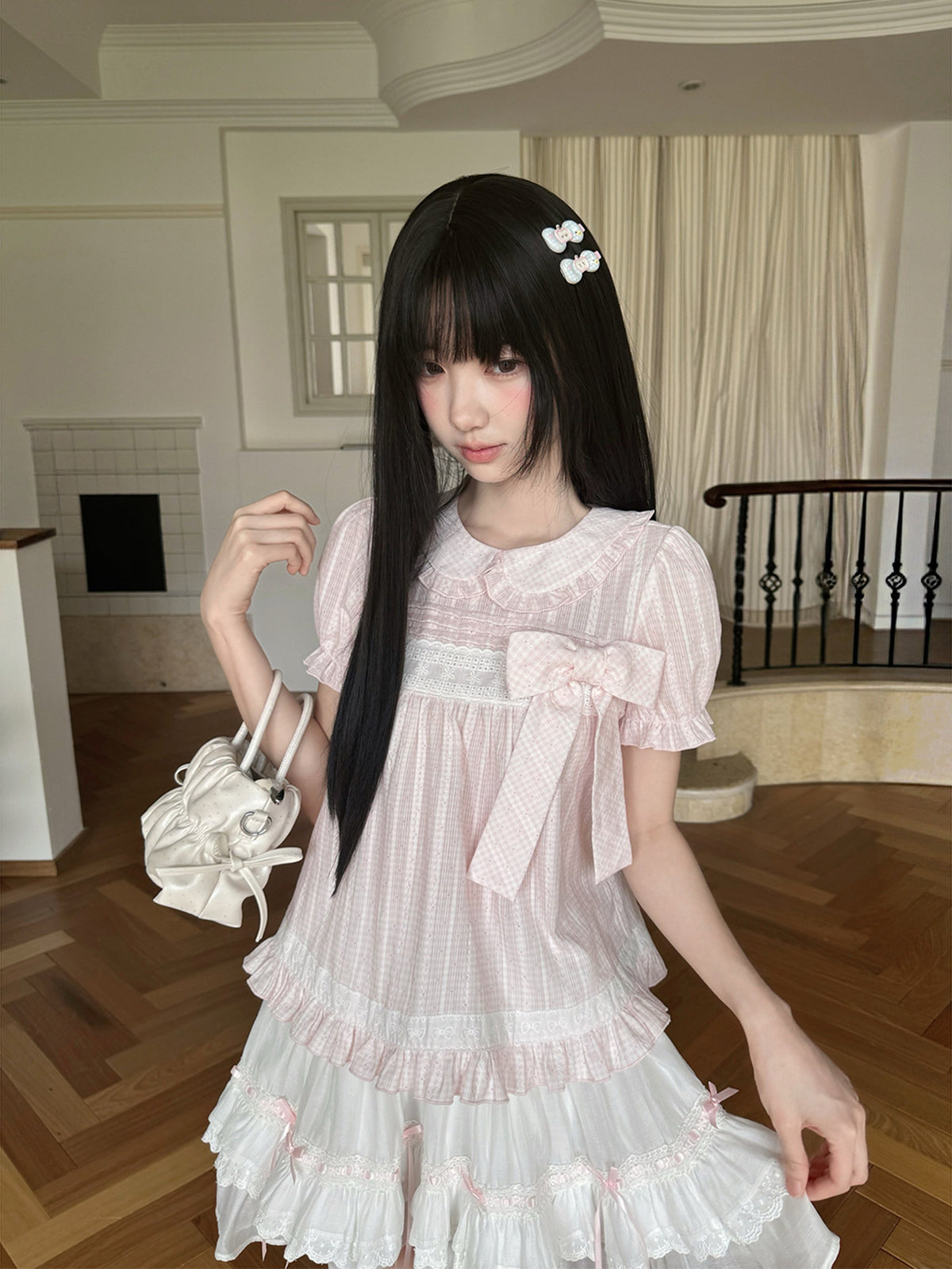 Sweet Bow Lace Doll Collar Puff Sleeve Dress LAL0225