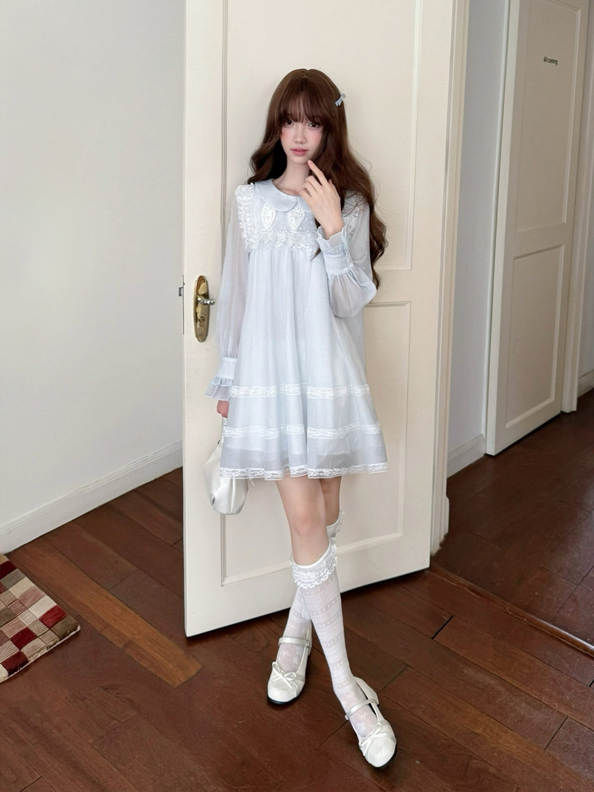 Doll Collar Lace Trim Babydoll Dress LAL0149