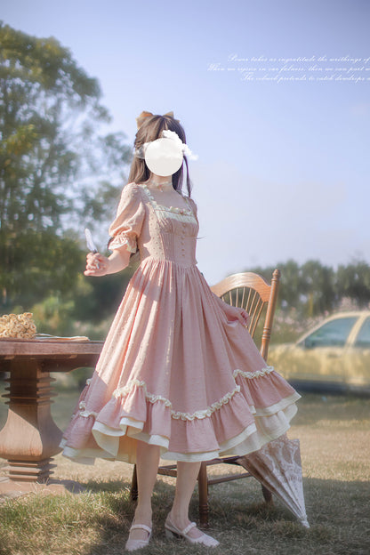 French Retro Lolita Pink Dress HUT0005