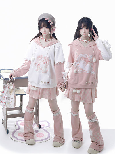 Heart Bow Cat Print Hoodie With Pleated Skirt YOU0315