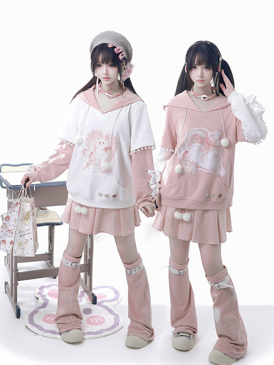 Heart Bow Cat Print Hoodie With Pleated Skirt YOU0315