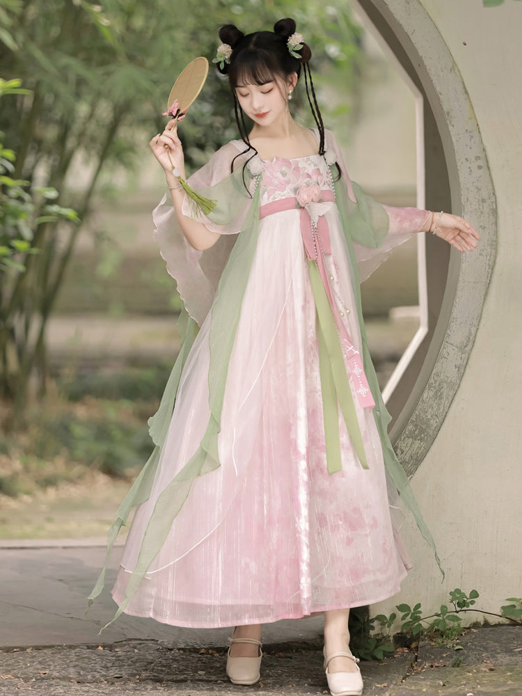 China Style Goldfish & Flowers Embroidery Sweet Pink Dress YOU0073