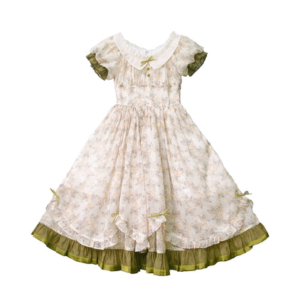 French Retro Flower Style Green Dress HUT0048