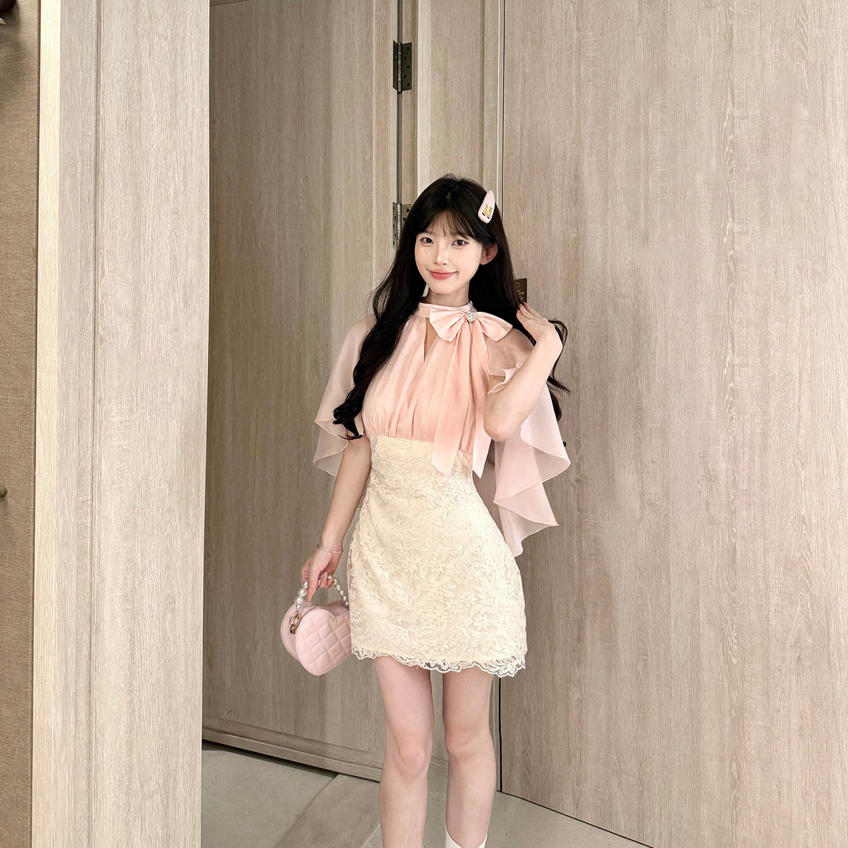 Pink Cape Sleeve Lace Mini Dress BEL0031