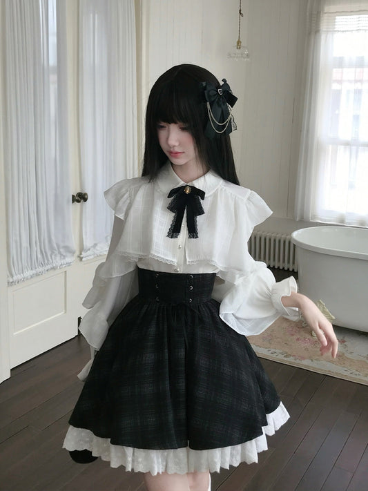 Ribbon Collar Blouse And Plaid Skirt Set LAL0141