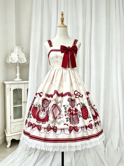 Bear And Strawberry Print Jacket And Pinafore Dress Set YOU0280