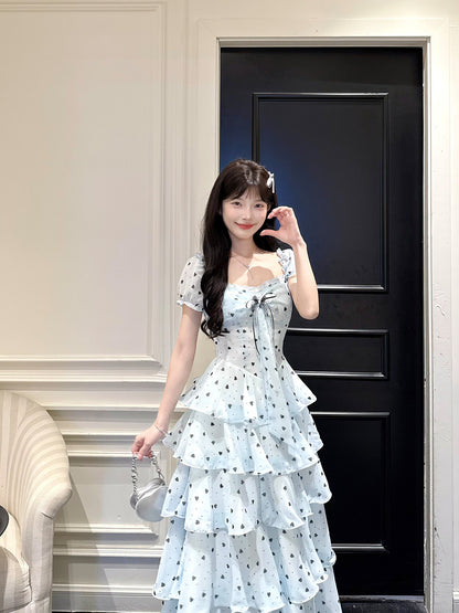 Blue Polka Dot Puff Sleeve Tiered Dress BEL0028