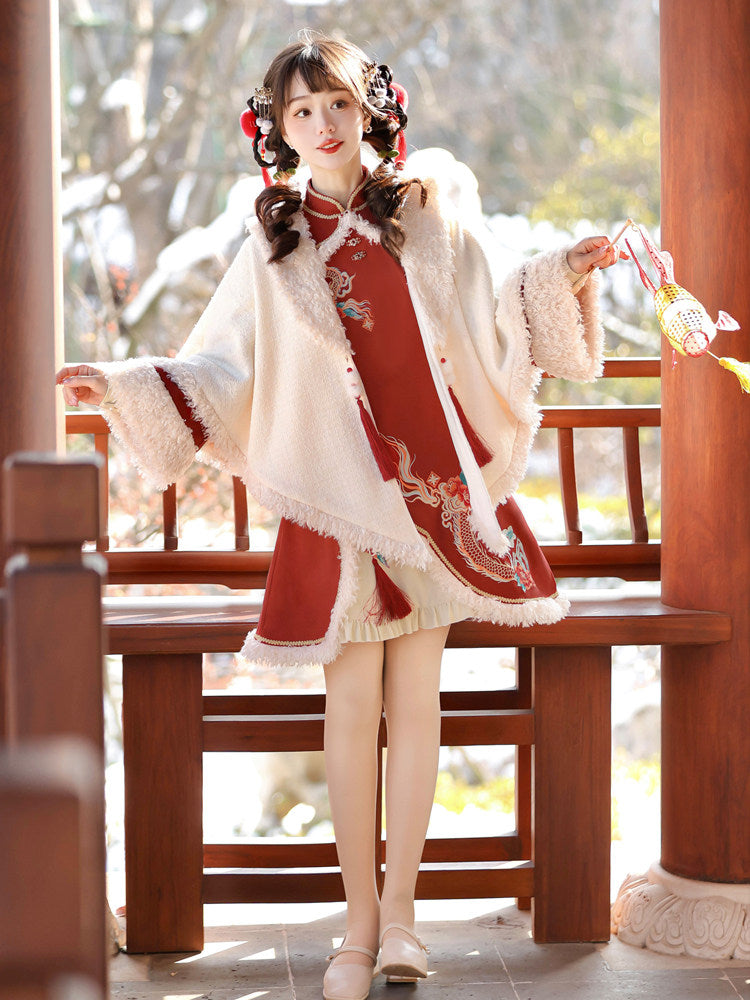 Chinese Style Embroidered Fur Trim Cape Dress Set YOU0238