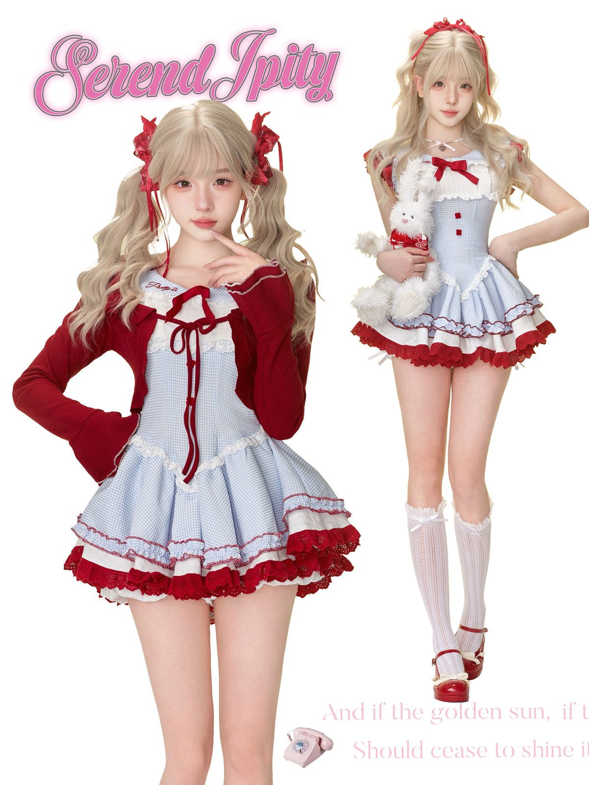 Blue Gingham Pinafore Dress Three-Piece Set SER0165