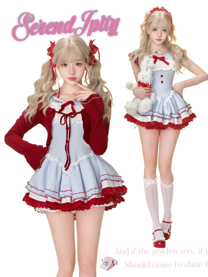 Blue Gingham Pinafore Dress Three-Piece Set SER0165