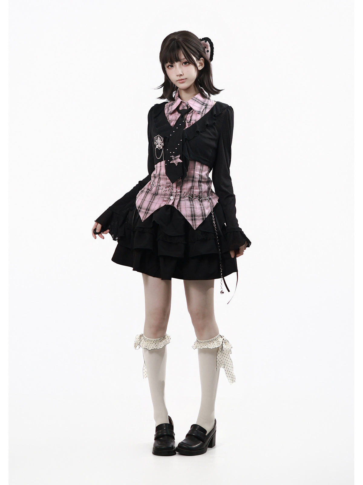 Plaid Vest Shirt And Ruffle Tier Skirt PIN0044